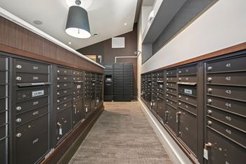 Enclosed mail room with luxor package lockers